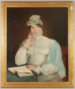 VICTORIAN SCHOOL. A portrait, half length, of a lady reading a book, oil on canvas. 30