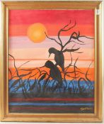 JANET KIDD, BRITISH. Birds on a tree by water with the setting sun, oil on canvas. Signed, 24
