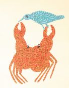 RAM SINGH URVETI (B. 1970) INDIAN GOND ARTIST. A bird and a crab, gouache. Signed, 14