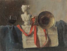 GEORGE WEISSBORT (1928 - 2013). Still Life. A Parian bust, a glass of wine and a bugle. Unframed,