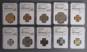 1951 full set of cased coins - 1/4 penny, 1/2 penny, penny, three pence, one shilling (Scottish