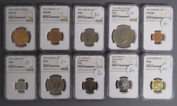 1951 full set of cased coins - 1/4 penny, 1/2 penny, penny, three pence, one shilling (Scottish