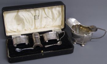 Silver cream jug by Duncan & Scobbie Birmingham and cased cruet set by Lanson Birmingham 1936,