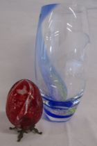 Caithness crystal vase with etched dolphins approx. 20.5cm and red glass egg with birds singing