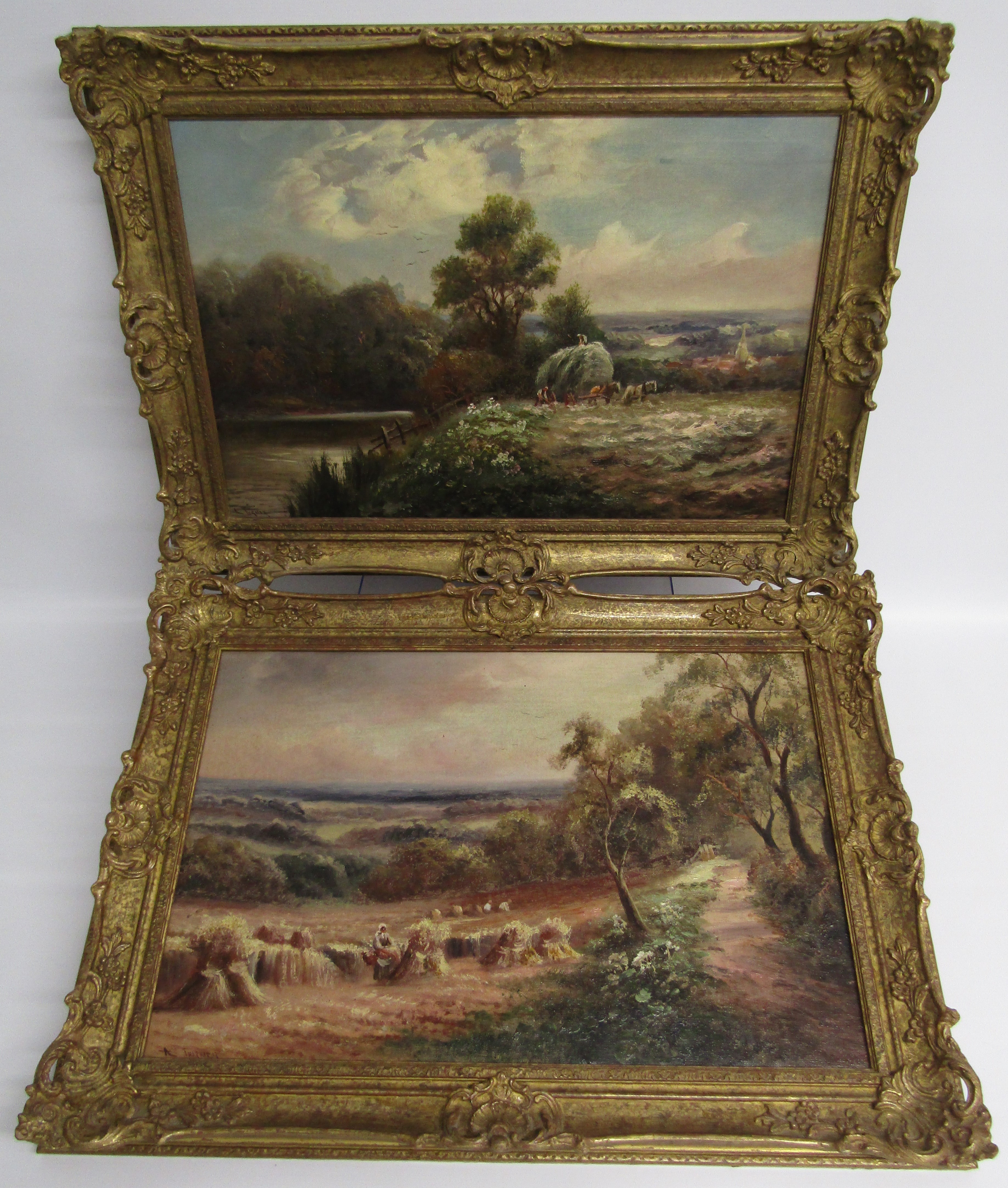 Pair of oils on canvas depicting harvest scenes in ornate gilt frames - signed A.Turner - approx.