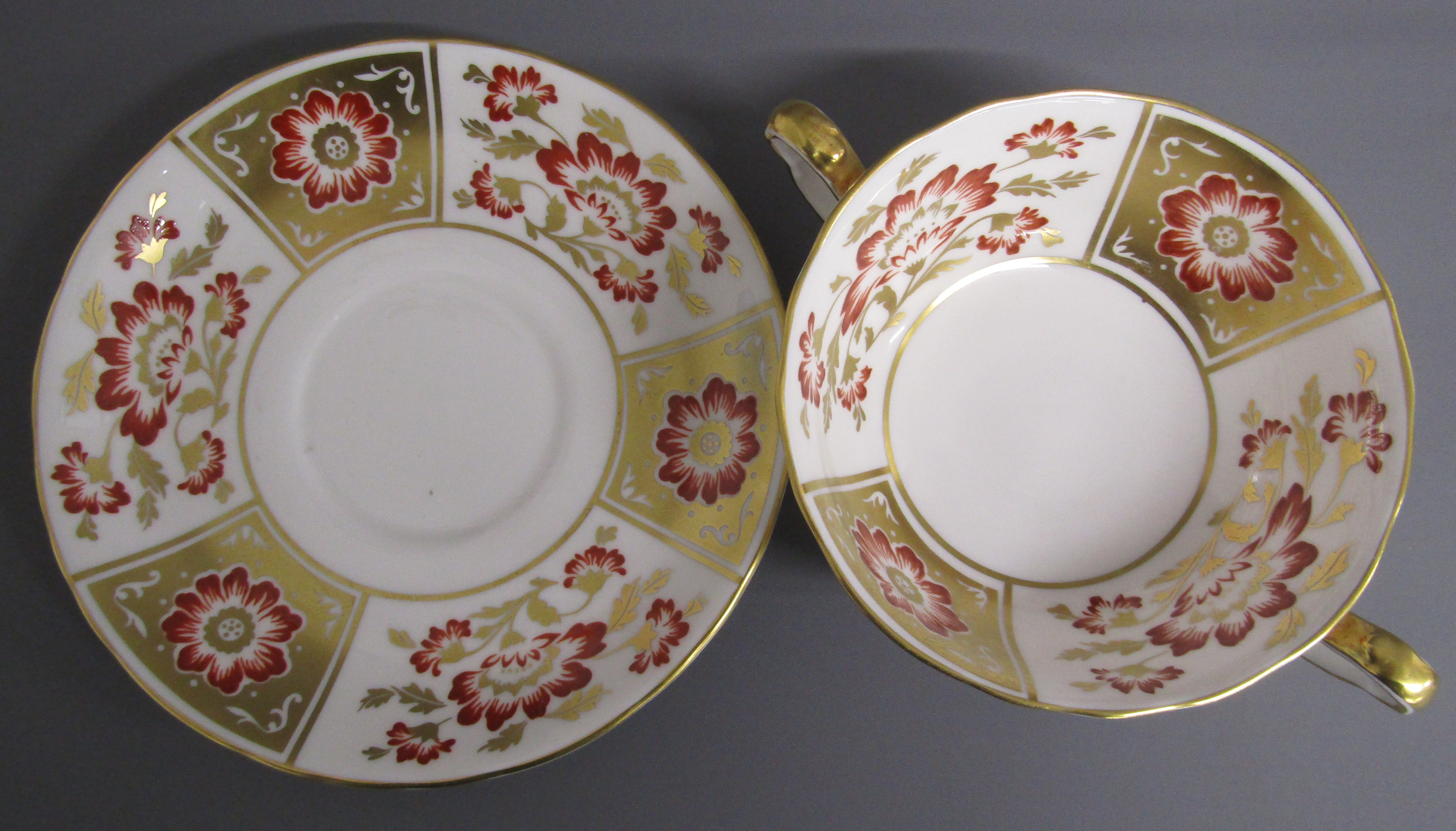 Royal Crown Derby 'Gold Aves' teapot, 'Red Derby Panel' soup bowl and saucer and red and gold - Image 6 of 9