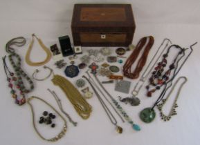 Box of costume jewellery, includes brooches, necklaces, Lincoln Imp pendants, possibly very small
