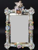 Thought to be Dresden China moulded frame strut mirror, with floral borders and putti (possible