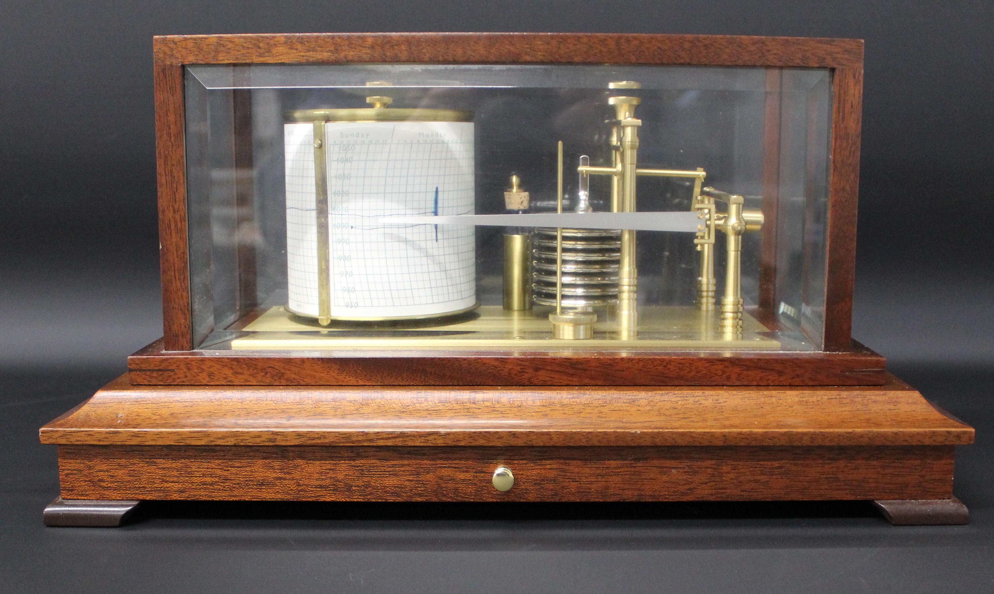 Russell Norwich barograph in mahogany case, with bevelled glass & lower drawer (missing nib)