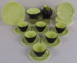 Matt black and yellow Foley bone china EB1850 tea service comprising milk jug, sugar bowl, cake