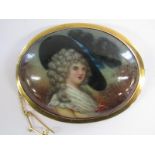 9ct mounted hand painted portrait brooch - signed Leslie Johnson 1919, written on reverse -