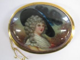 9ct mounted hand painted portrait brooch - signed Leslie Johnson 1919, written on reverse -