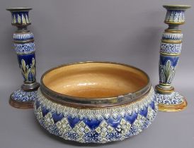 Pair of Royal Doulton Lambeth Ware candlesticks & bowl (marked 1881)