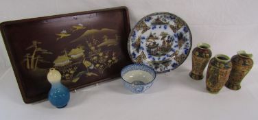 Small collection of Oriental ware includes painted tray, modern vases, blue and white bowl and