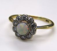 18ct gold opal and diamond cluster ring - ring size Q/R - approx. 0.45ct diamond