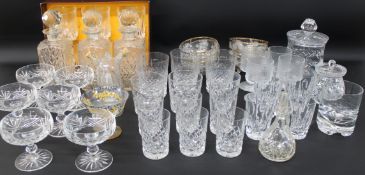 Selection of glassware including three decanters, cased set of 6 Cathedral Crystal tumblers etc.