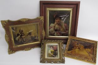 Crystoleum framed prints include - Konrad Keisel lady with fan - children playing - 3 ladies and