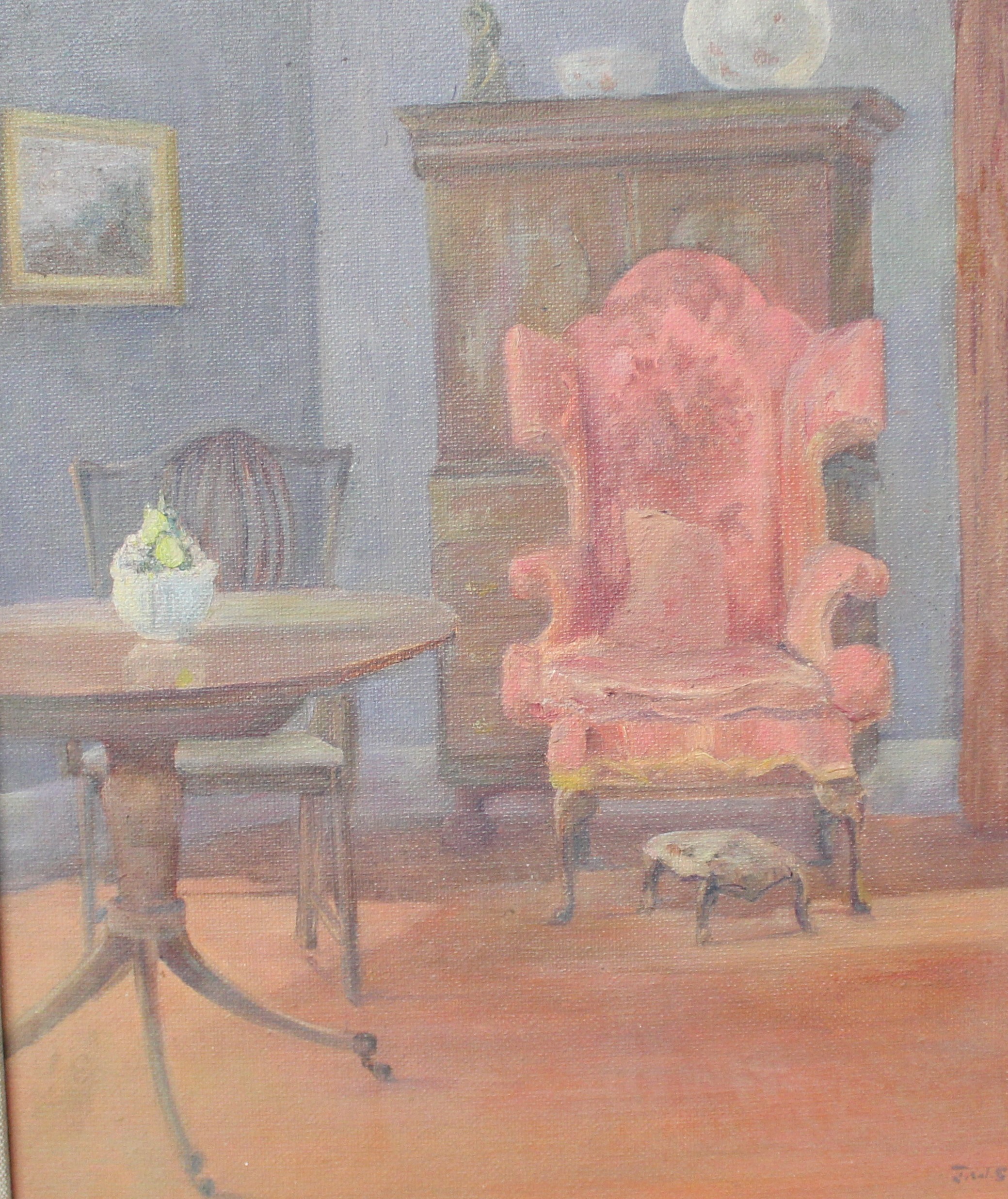 Framed oil on board "The Red Chair" by Joie Welbrock-Smith, with label verso for The National - Image 5 of 8