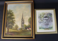 Gilt framed oil on board believed to depict St James Church Louth from the Old Cem & "The Secret