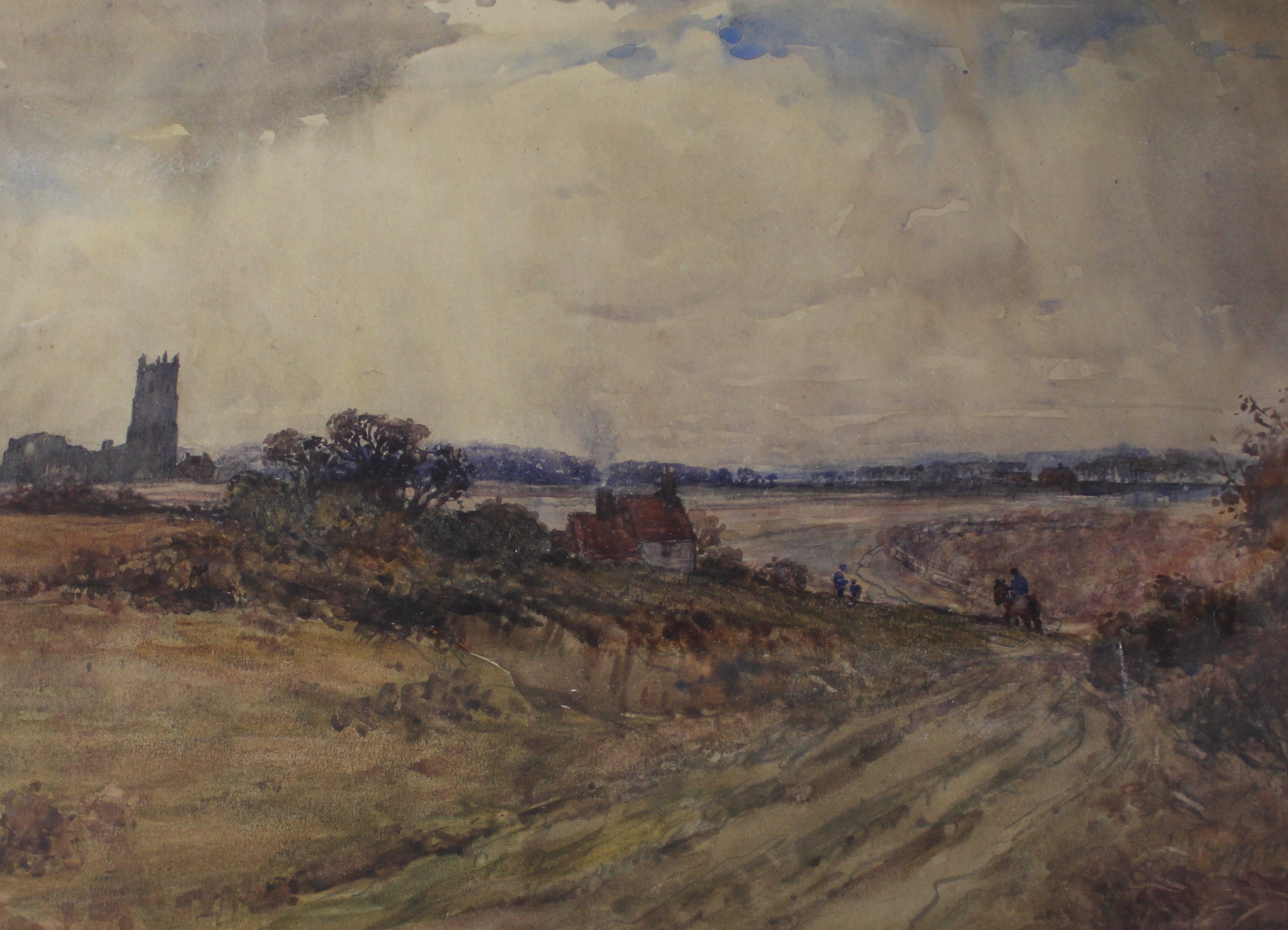 Large watercolour depicting coastal scene by T E J Brooker, watercolour "Penyghent" by F J W - Image 2 of 2