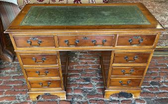 Reproduction Georgian twin pedestal desk in yew wood veneer & inset leather skiver