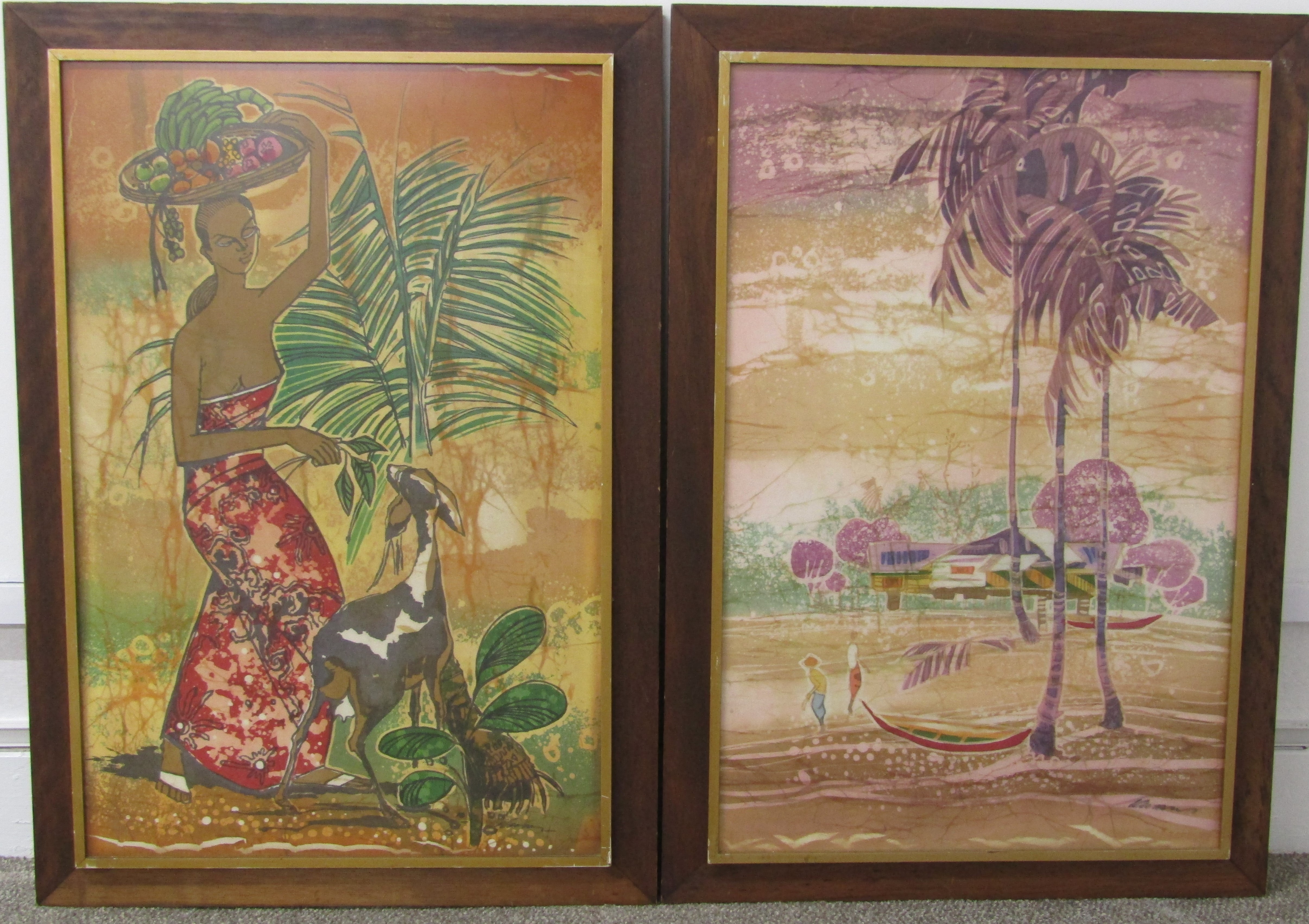 2 framed Batik silk screen prints signed Choo Keng Kwang (possibly) one with lady carrying basket on