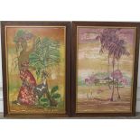 2 framed Batik silk screen prints signed Choo Keng Kwang (possibly) one with lady carrying basket on