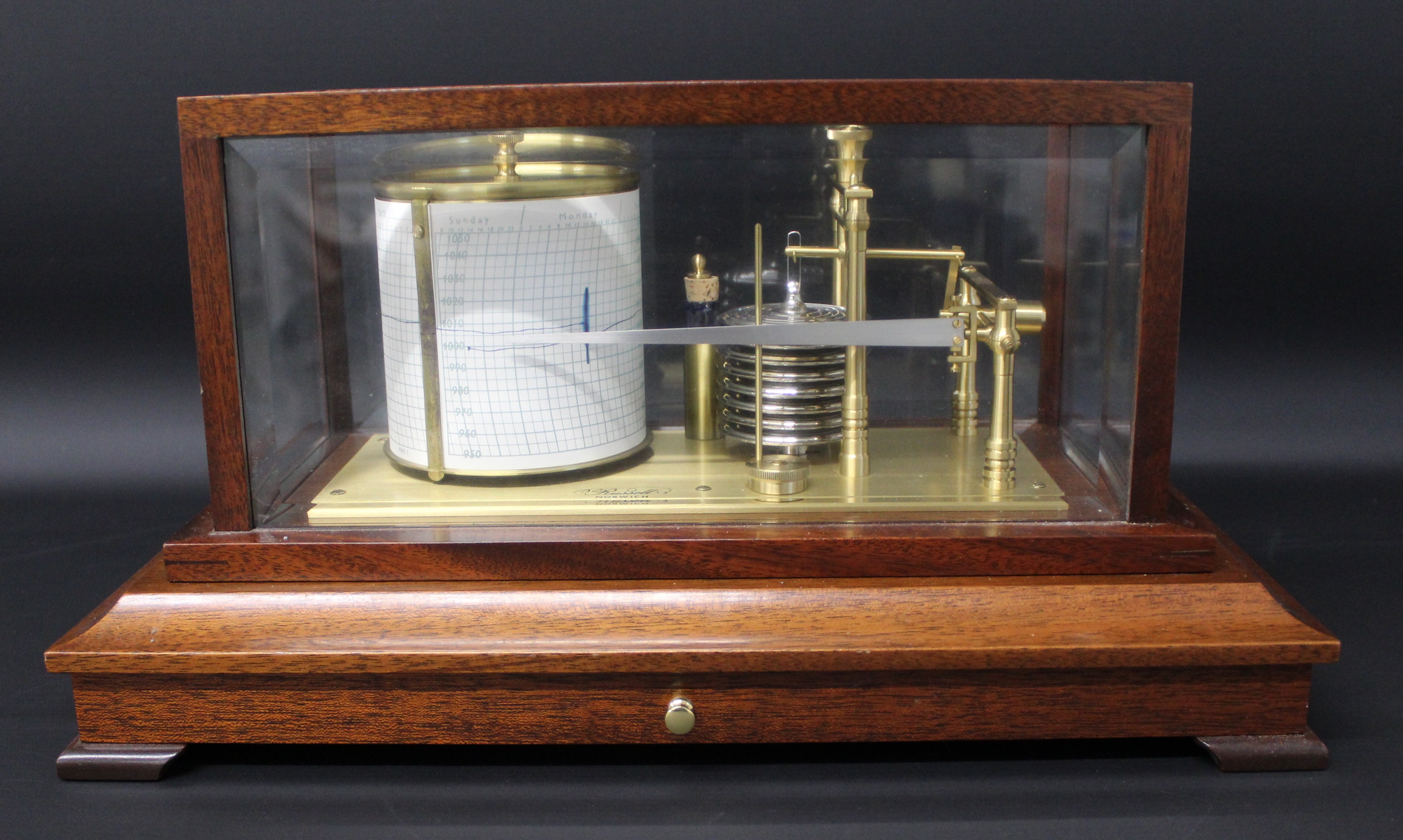 Russell Norwich barograph in mahogany case, with bevelled glass & lower drawer (missing nib) - Image 2 of 4
