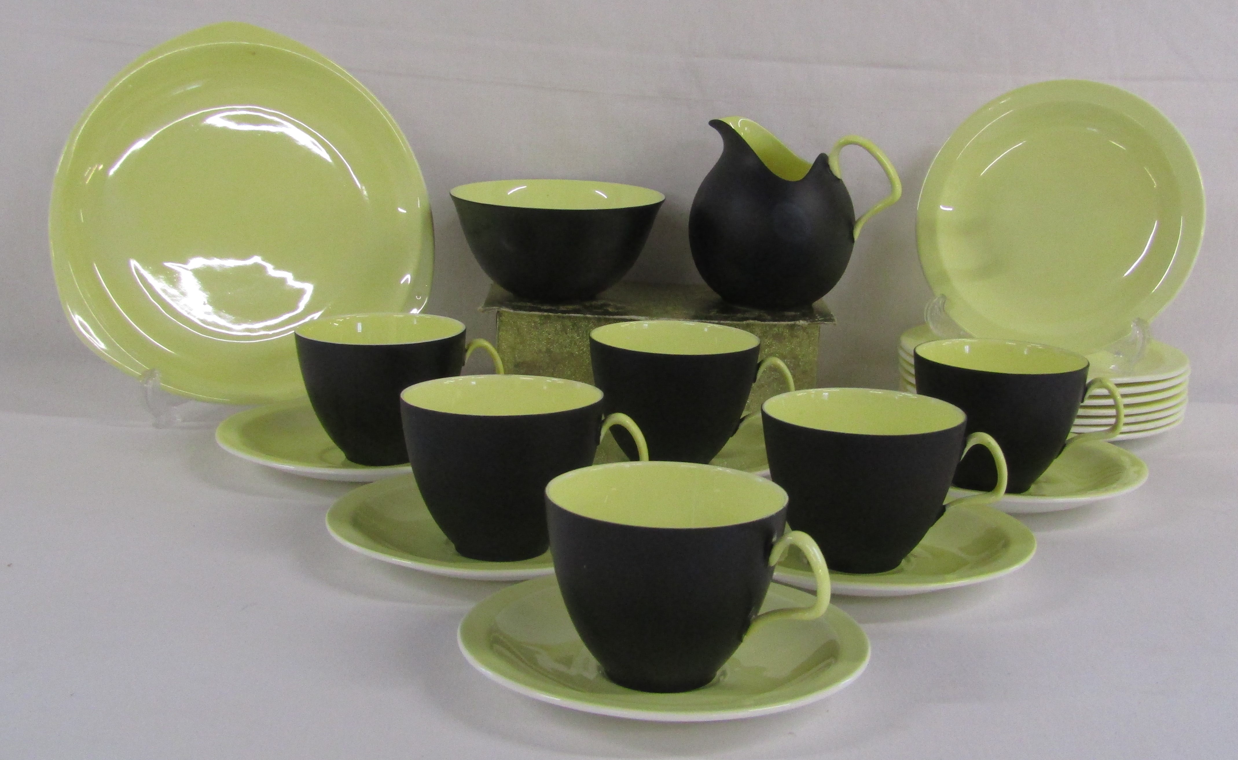 Matt black and yellow Foley bone china EB1850 tea service comprising milk jug, sugar bowl, cake - Image 2 of 3