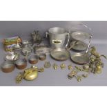 Collection of silver plate includes cake stand, ice bucket etc also brass items and a split cast