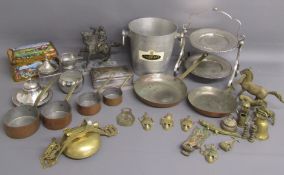 Collection of silver plate includes cake stand, ice bucket etc also brass items and a split cast