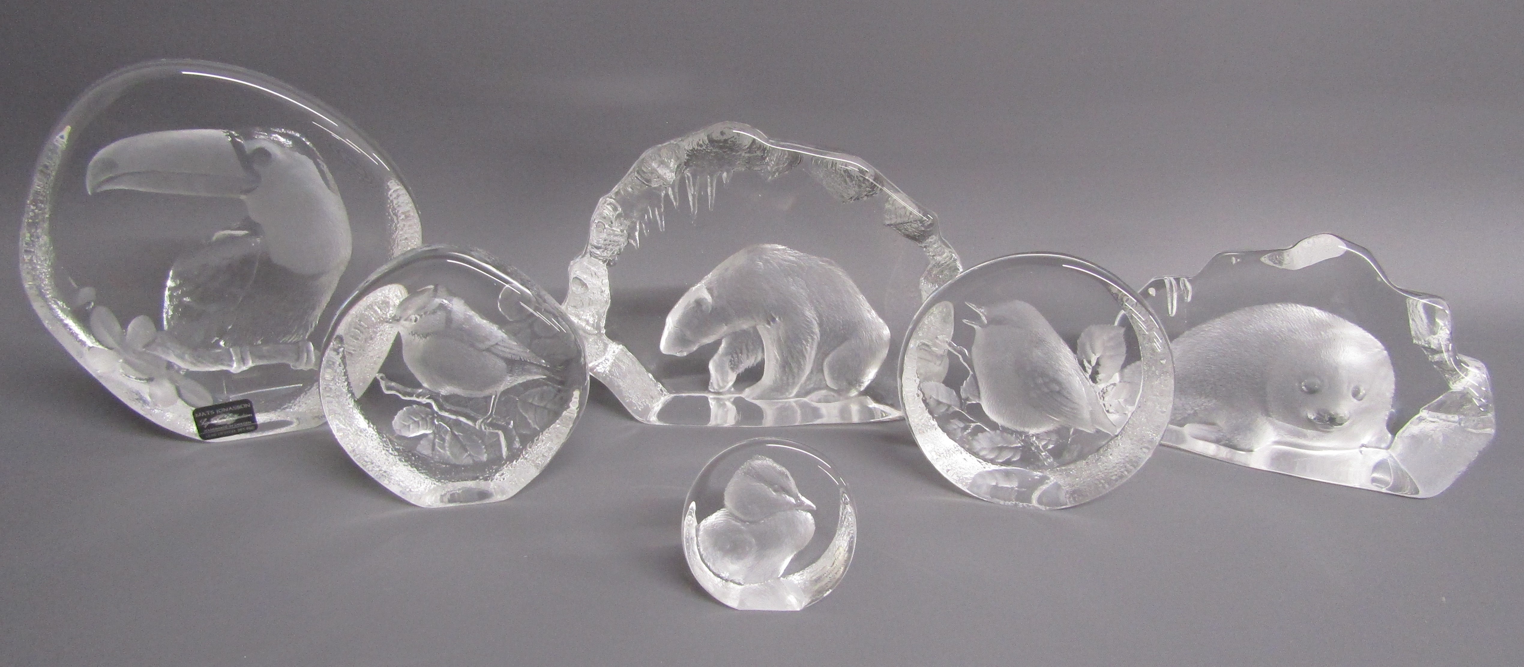 Mats Jonasson paperweights - large Toucan, Polar bear and seal cub,  medium blue tit and bird and