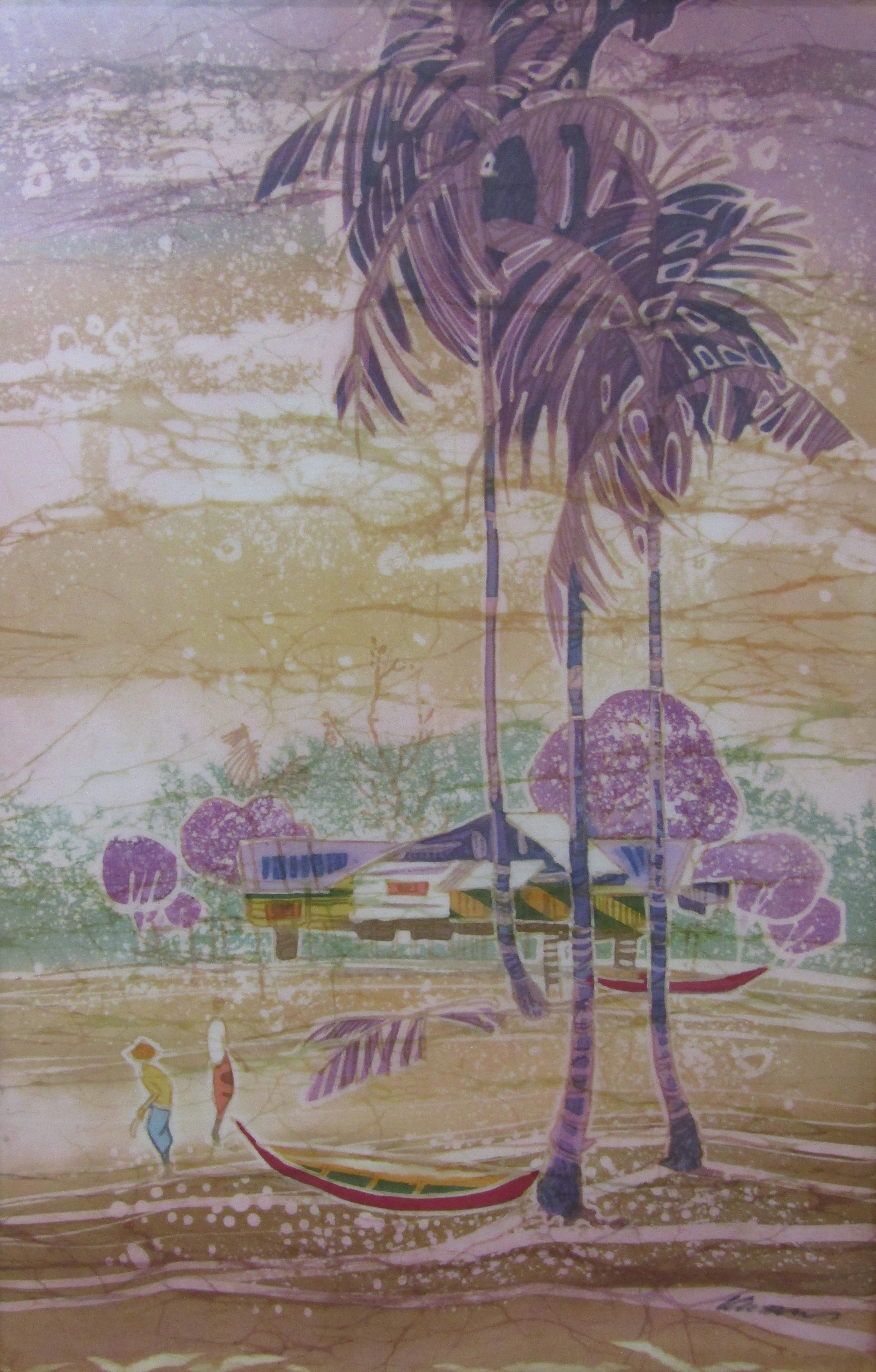 2 framed Batik silk screen prints signed Choo Keng Kwang (possibly) one with lady carrying basket on - Image 5 of 8