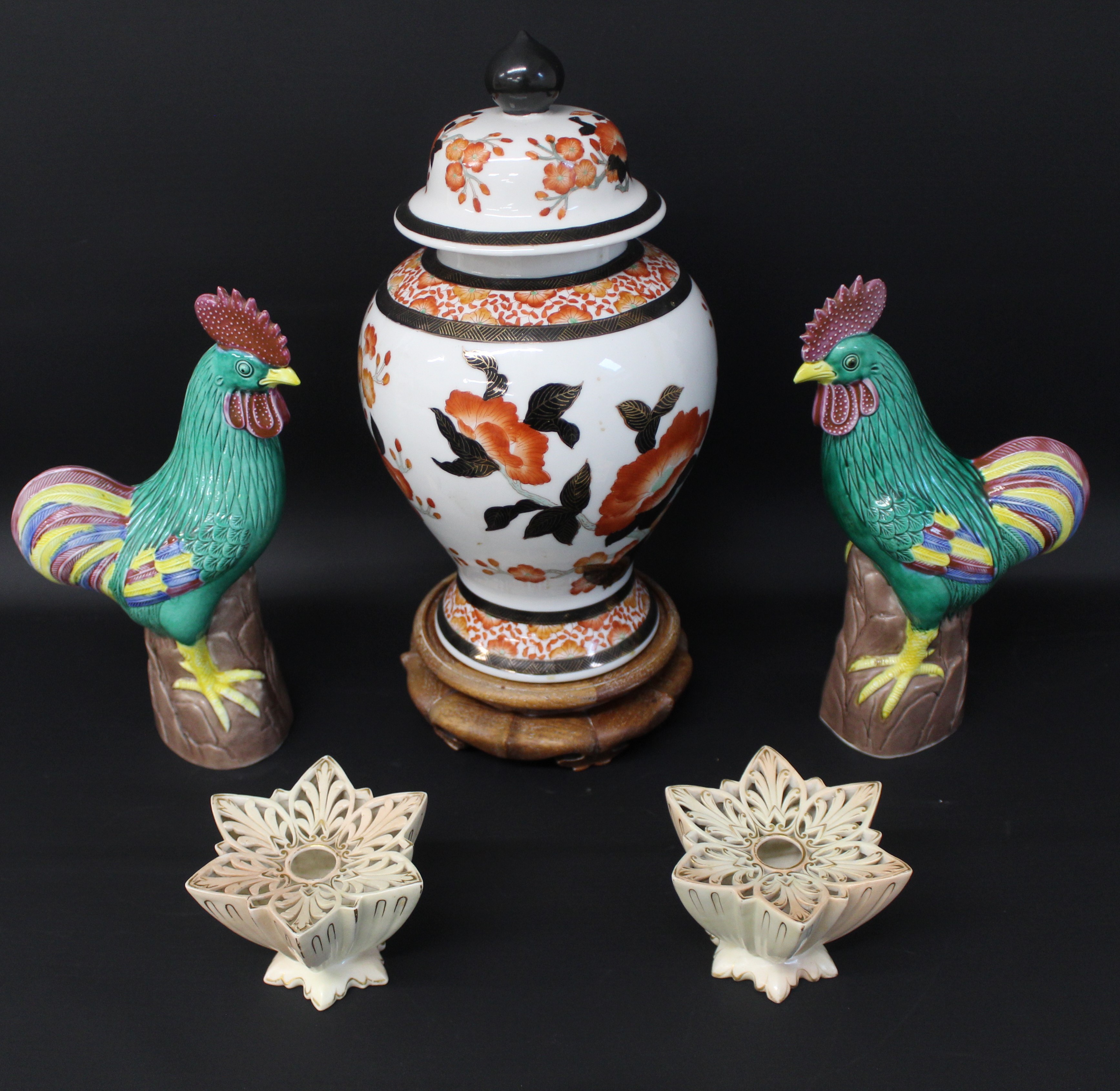 Pair of Locke & Co Worcester blushware pots, pair of Continental porcelain cockerels & modern