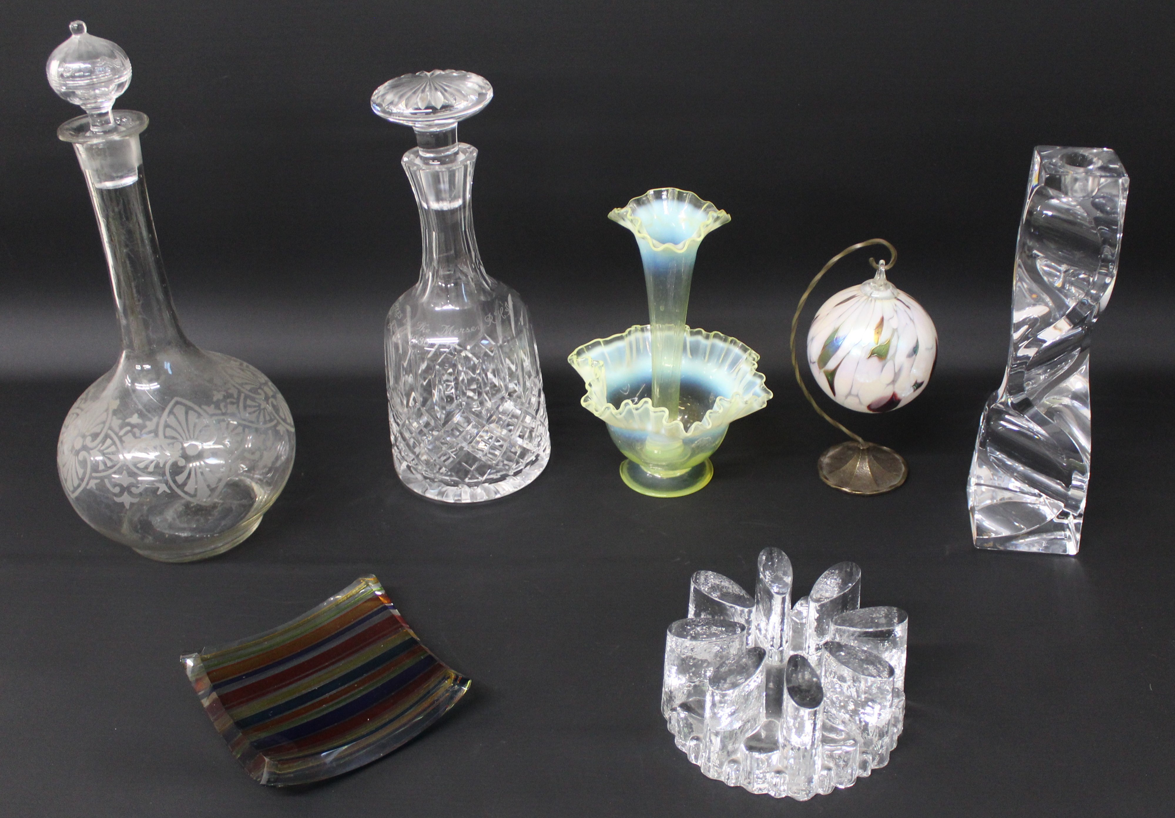 Selection of glassware including hanging hand blown bauble, 2 decanters, uranium vase (damage to