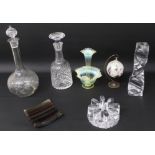 Selection of glassware including hanging hand blown bauble, 2 decanters, uranium vase (damage to