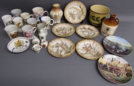 Collection of ceramics includes Doulton Burslem ware plates, Brown's Tawny port bottle, Sevres