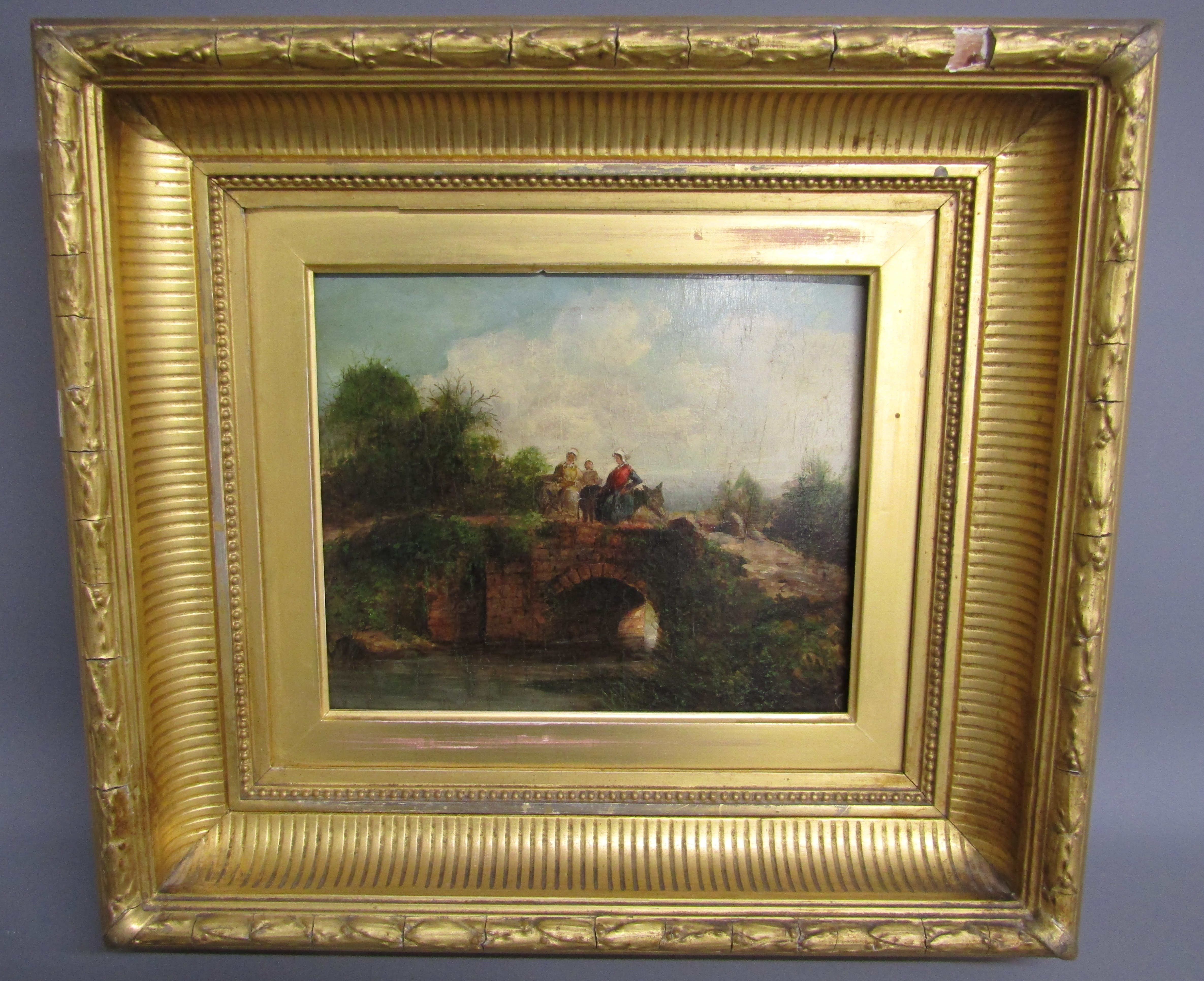 Framed oil on board - unsigned - ladies on donkeys crossing a country bridge - approx. 45cm x 41cm - Image 2 of 3