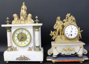 Gilded brass & alabaster figural mantel clock, the white enamelled dial marked PB & French mantel