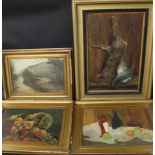 Two still life oil paintings, gilt framed oil painting depicting game and an unsigned oil on