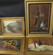 Two still life oil paintings, gilt framed oil painting depicting game and an unsigned oil on