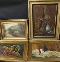 Two still life oil paintings, gilt framed oil painting depicting game and an unsigned oil on