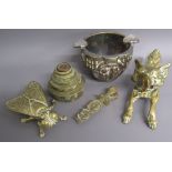 Sovereign scales, brass fly ashtray, weights, fox door knocker and Valmazan silvered religious cup