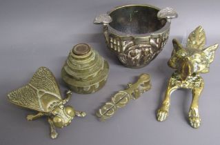Sovereign scales, brass fly ashtray, weights, fox door knocker and Valmazan silvered religious cup