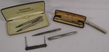 Silver pens includes engraved B.S.C.A 1924-1949 - yard-o-led and 2 others along with a silver pocket