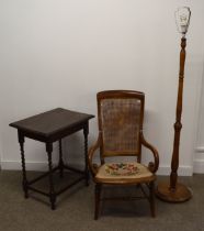 Wooden standard lamp, Victorian cane back chair and small table with barley twist legs