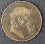 1907 Edward VII one penny coin defaced with the words Votes For Women