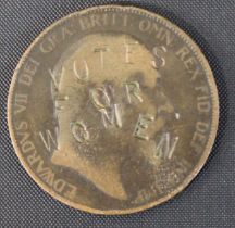 1907 Edward VII one penny coin defaced with the words Votes For Women