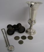 Birmingham silver weighted vase possibly 1908 (5.25 ozt), coins including 1920 florin and opera