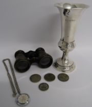 Birmingham silver weighted vase possibly 1908 (5.25 ozt), coins including 1920 florin and opera